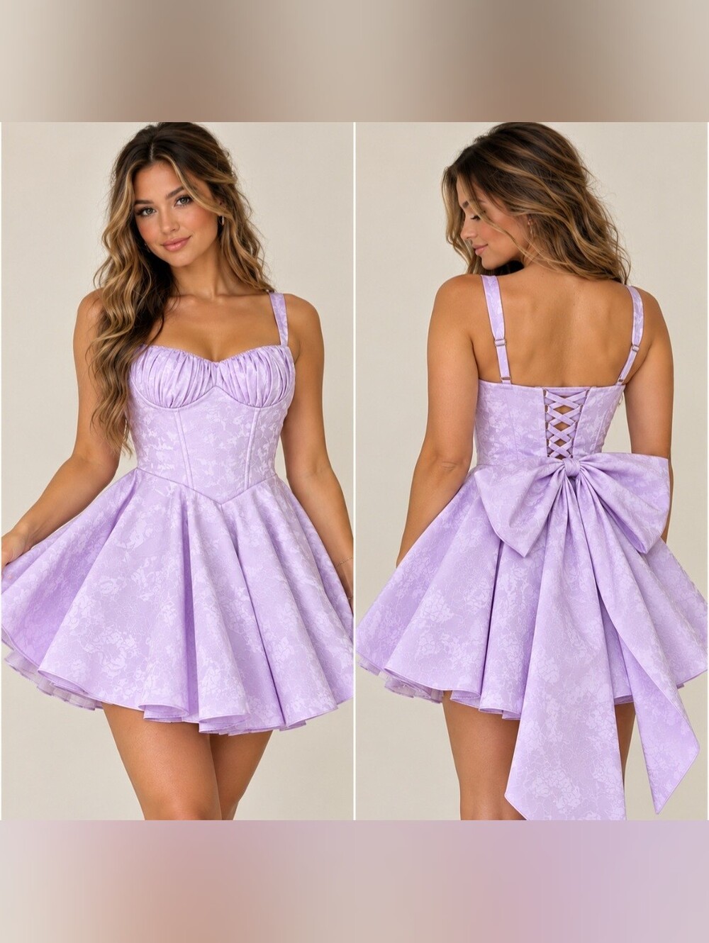 Lavender Jacquard Corset Mini Dress Oversized Bow Formal Prom Homecoming 12 L